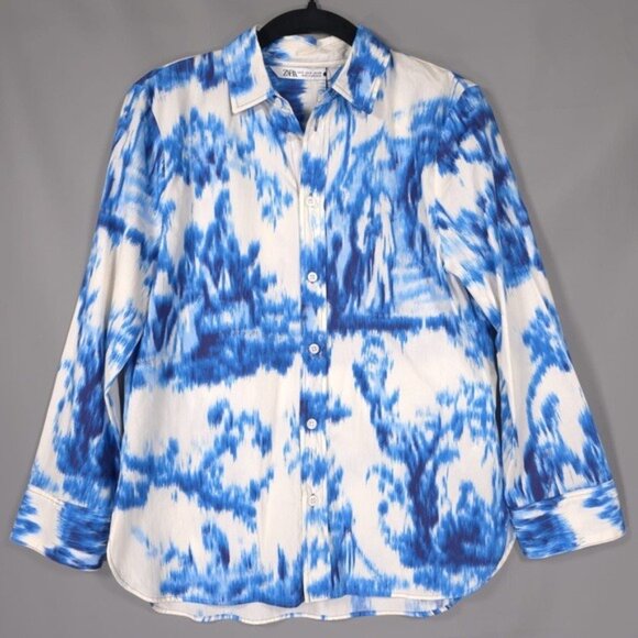 NWT ZARA Printed Poplin Button Up Shirt Blue White Women’s SMALL 3134/153/400 - Picture 1 of 12